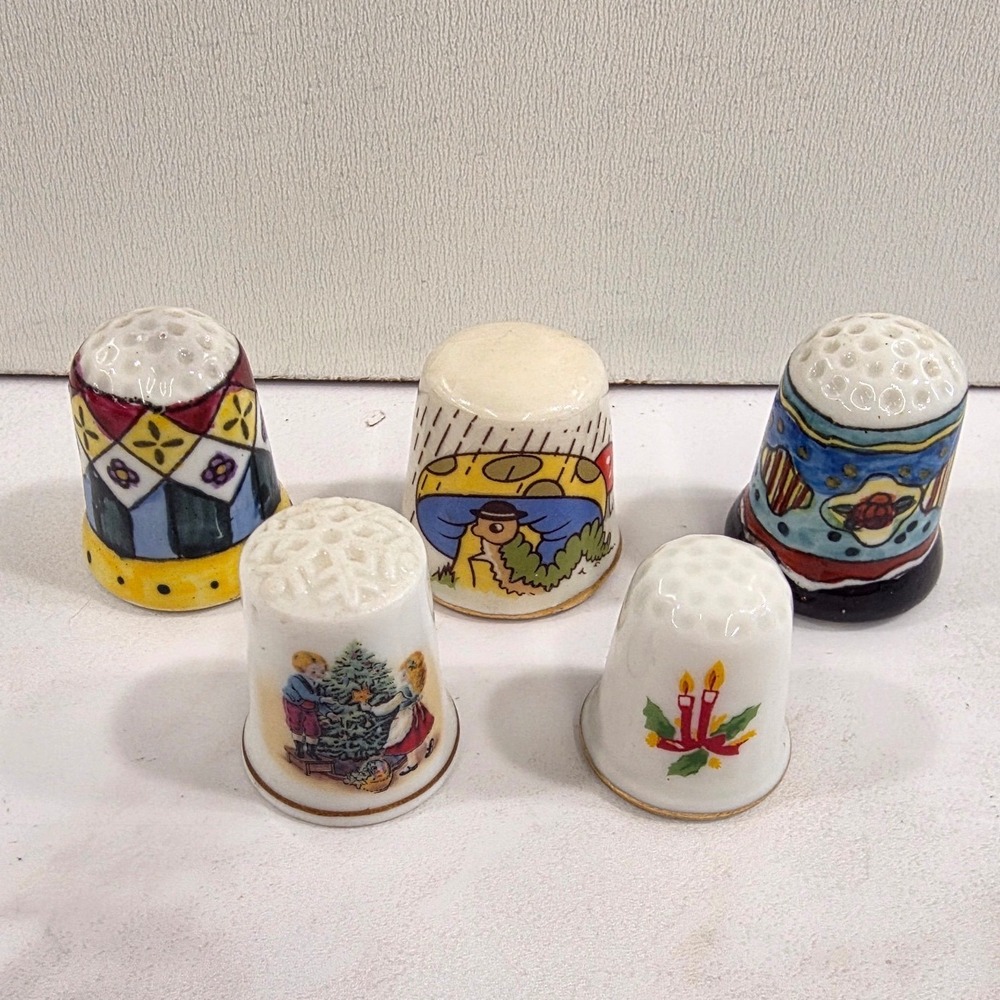 Vintage Cottagecore Thimbles Lot Hand Painted Porcelain Kitschy Mixed Set Multi
